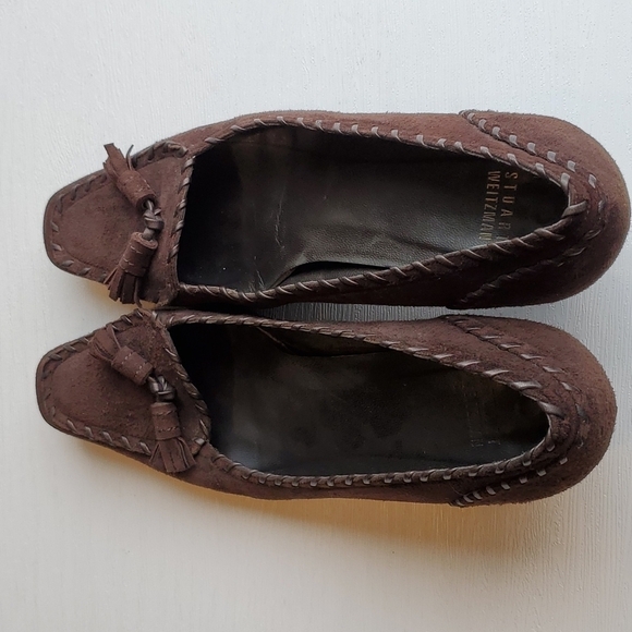 Stuart Weitzman Brown Suede Square Pointed Toe Tassel Kitten Heel Loafers 9 - Picture 5 of 8